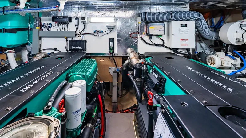  Yacht Photos Pics Engine room of 2022 Prestige 460 Fly yacht with advanced mechanical systems.