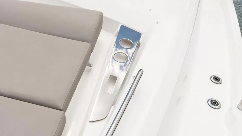  Yacht Photos Pics Prestige 460 Fly 2022 yacht deck with beige seating and stainless steel fixtures.