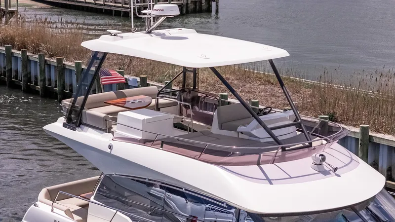  Yacht Photos Pics Prestige 460 Fly 2022 yacht docked, featuring spacious flybridge and modern design.