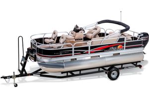 2014 Sun Tracker Bass Buggy 18 DLX pontoon boat on trailer, side view.