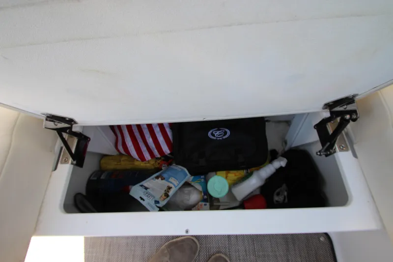  Yacht Photos Pics Storage compartment in a 2016 Cobalt R30 boat, containing various boating essentials.