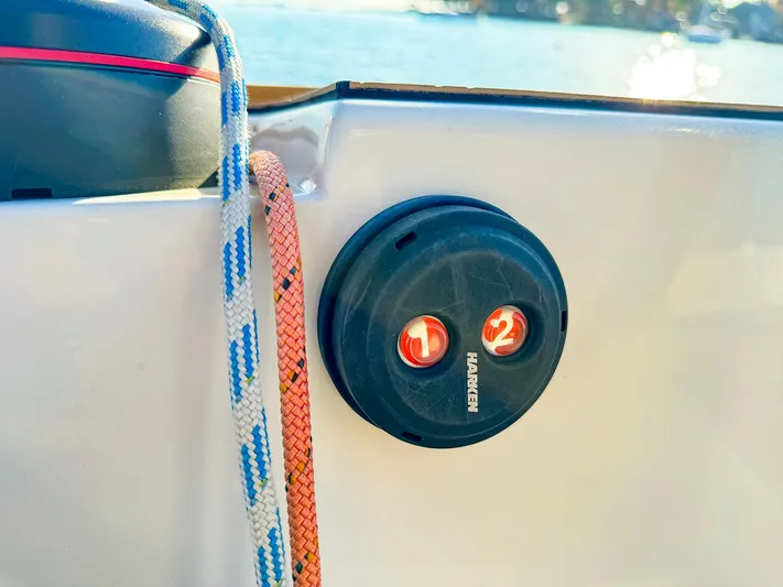 4797ak Yacht Photos Pics Close-up of a 2021 Saffier 33 SE sailboat detail with ropes and hardware.