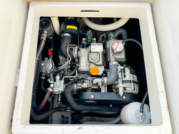 4797ak Yacht Photos Pics Engine compartment of 2021 Saffier 33 SE sailboat, showcasing detailed mechanical components.