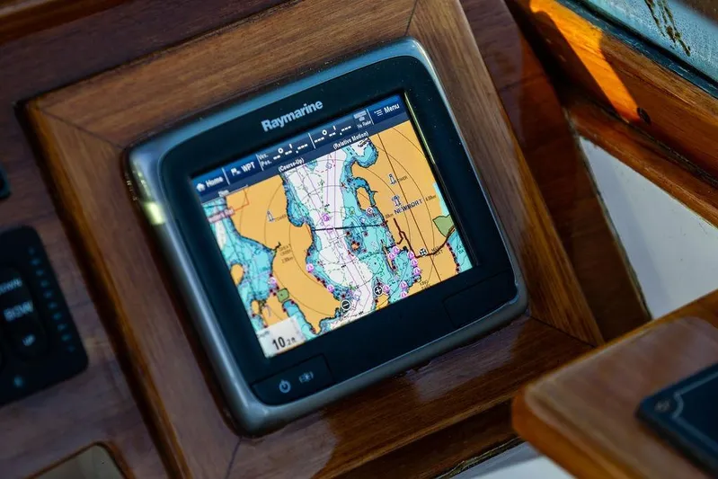 Coot Yacht Photos Pics Raymarine navigation display on 2005 Hinckley Talaria 29R, showing detailed nautical chart.