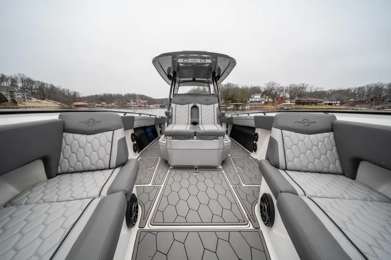  Yacht Photos Pics 2022 Fountain 38 SC boat interior with luxurious seating and modern design.