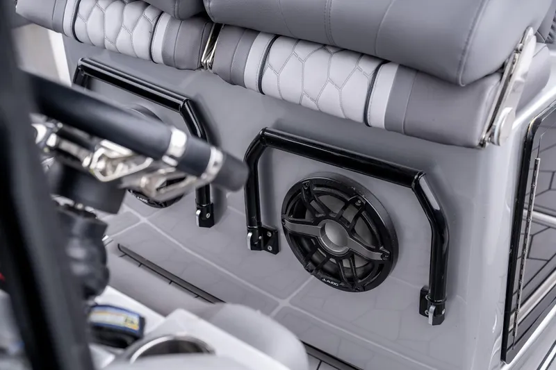  Yacht Photos Pics Interior of 2022 Fountain 38 SC boat with sleek seating and audio system.