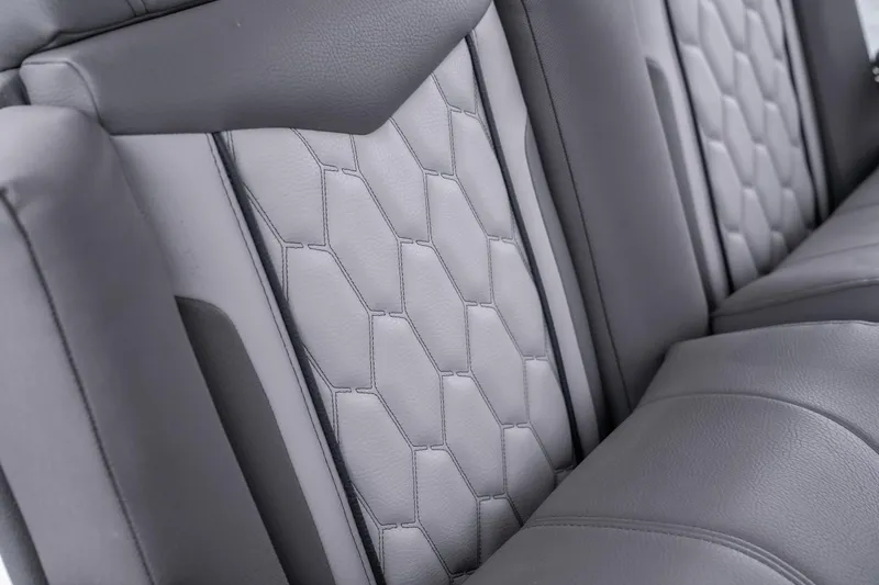  Yacht Photos Pics 2022 Fountain 38 SC interior with gray quilted leather seats.