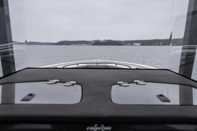  Yacht Photos Pics View from a 2022 Fountain 38 SC boat on a calm lake.