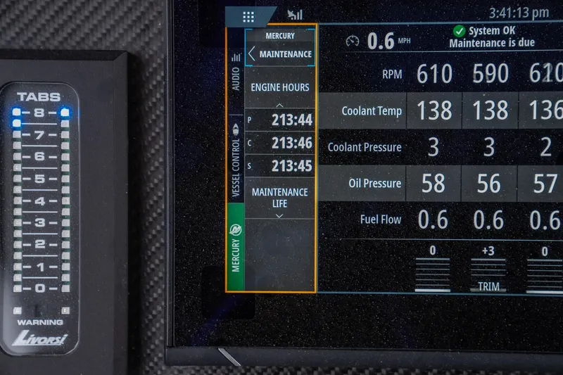  Yacht Photos Pics Dashboard of 2022 Fountain 38 SC showing engine metrics and maintenance alerts.