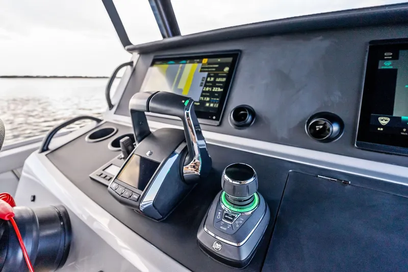 T/t Tenacious Yacht Photos Pics Control panel of 2025 Wajer 38s yacht with advanced navigation displays.