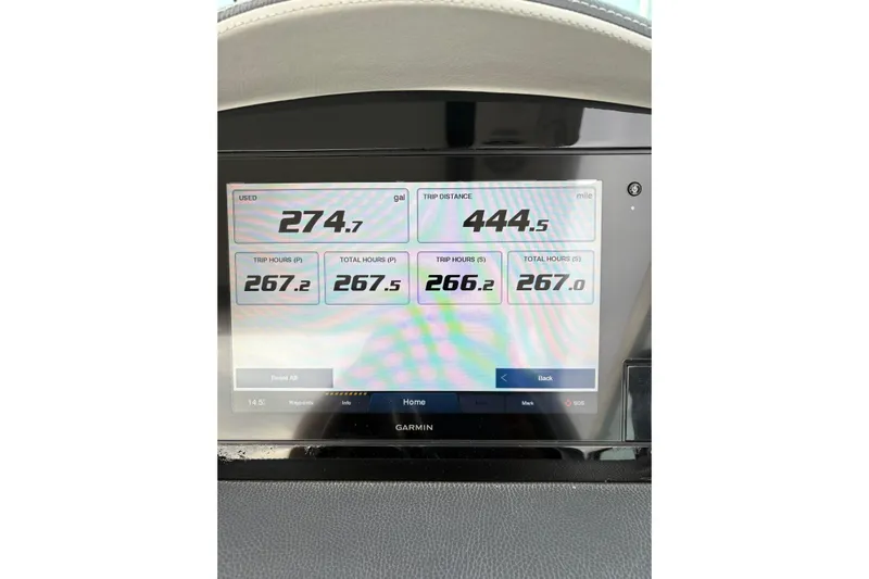  Yacht Photos Pics Garmin display on 2021 Regal 33 XO showing fuel usage and trip data.