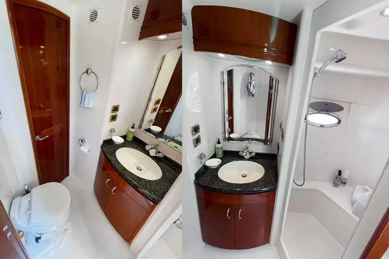 Susea Q Yacht Photos Pics Luxurious bathroom in 2005 Carver 560 Voyager yacht with modern fixtures and elegant design.