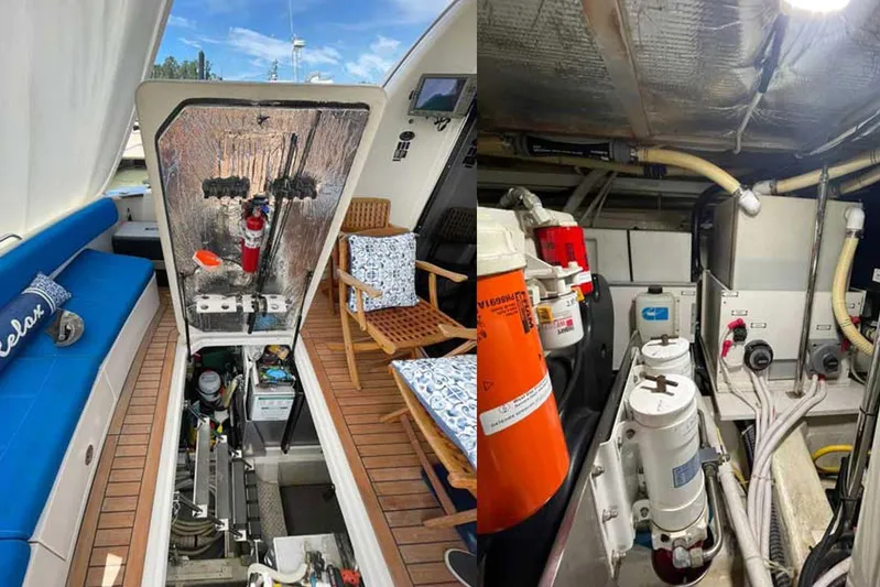 Susea Q Yacht Photos Pics 2005 Carver 560 Voyager yacht interior and engine room with seating and equipment.