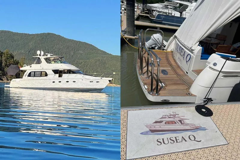 Susea Q Yacht Photos Pics 2005 Carver 560 Voyager yacht "SUSEA Q" on water and docked, scenic mountain backdrop.