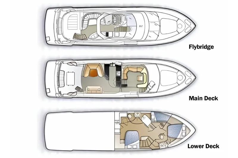 Susea Q Yacht Photos Pics 2005 Carver 560 Voyager yacht layout with flybridge, main deck, and lower deck.