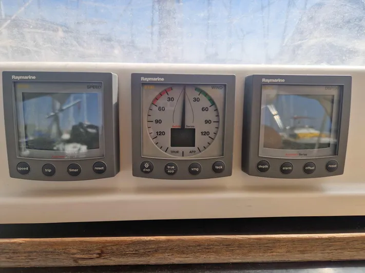  Yacht Photos Pics Raymarine navigation instruments on a 2002 Grand Soleil 43 yacht dashboard.