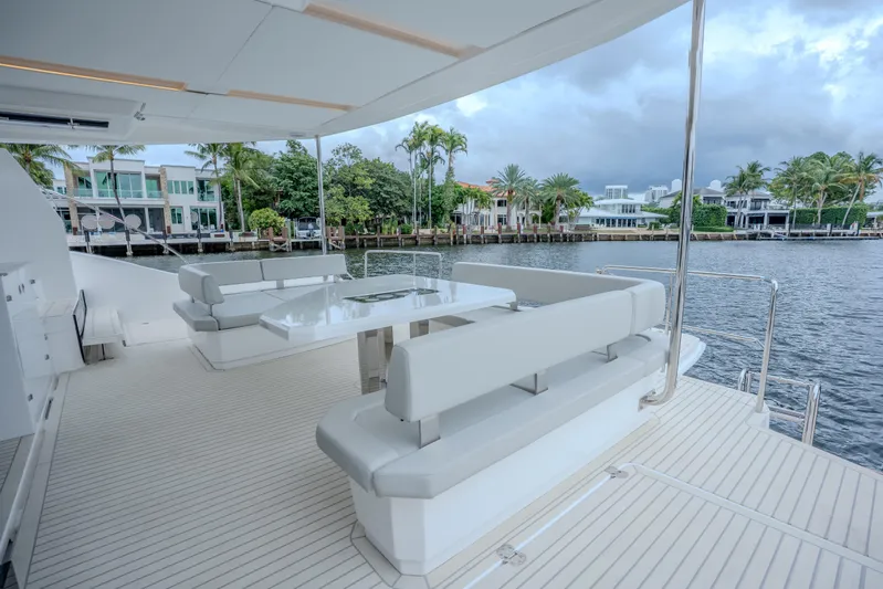 Althea Yacht Photos Pics Luxurious 2025 Leopard 53 Powercat yacht deck with elegant seating and waterfront view.