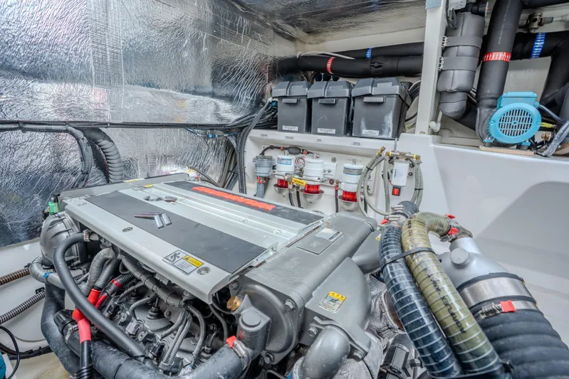 Althea Yacht Photos Pics Engine room of 2025 Leopard 53 Powercat, showcasing advanced machinery and components.