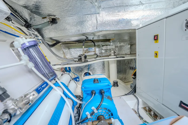 Althea Yacht Photos Pics Engine room of 2025 Leopard 53 Powercat with modern equipment and insulation.