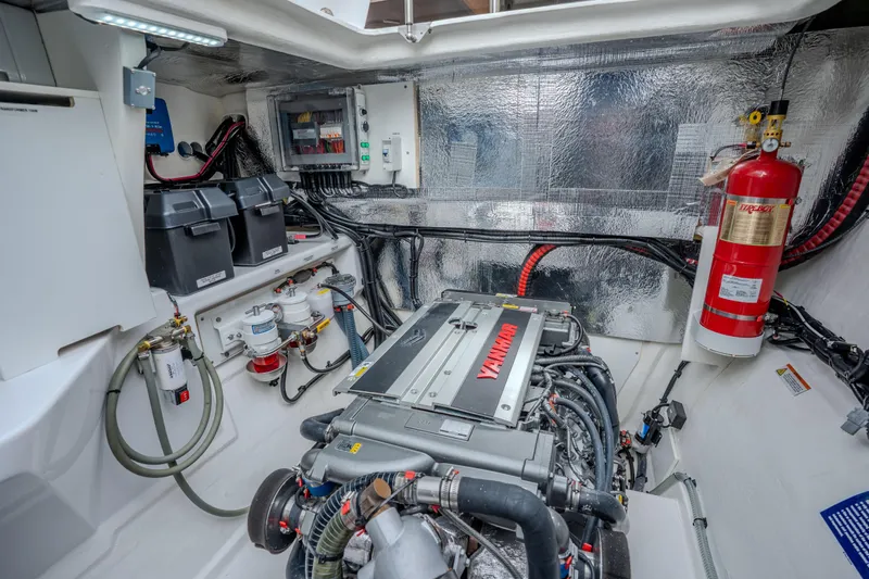Althea Yacht Photos Pics Engine room of 2025 Leopard 53 Powercat with Yanmar engine and safety equipment.