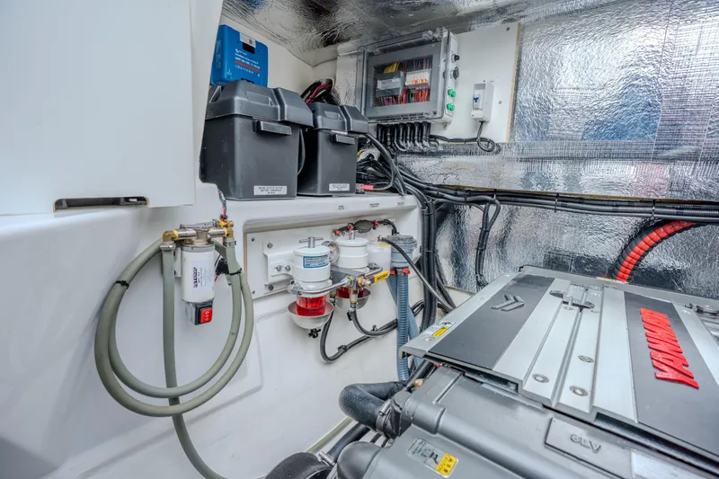 Althea Yacht Photos Pics Engine room of 2025 Leopard 53 Powercat, showcasing advanced mechanical systems and components.