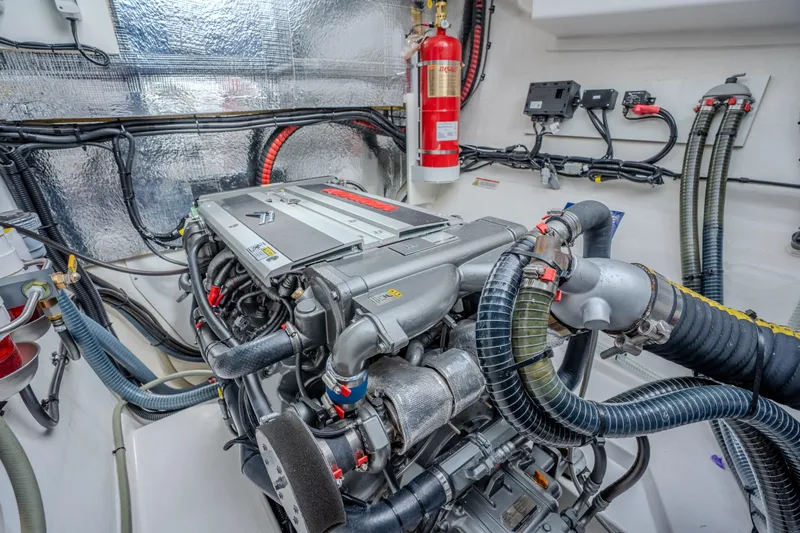 Althea Yacht Photos Pics Engine room of 2025 Leopard 53 Powercat with advanced machinery and fire safety equipment.