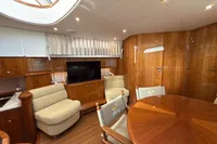 Luxurious 2023 Elling E4 yacht interior with elegant wood finish and comfortable seating.