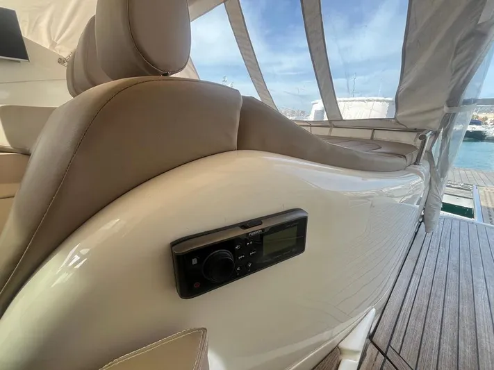  Yacht Photos Pics Luxurious interior of 2010 Atlantis 55 yacht with beige seating and control panel.