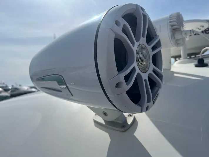  Yacht Photos Pics Close-up of a speaker on a 2010 Atlantis 55 yacht, under a clear sky.