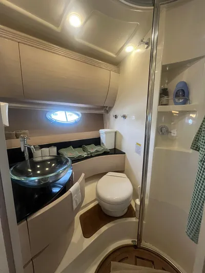  Yacht Photos Pics Luxurious bathroom in 2010 Atlantis 55 yacht with modern fixtures and elegant design.