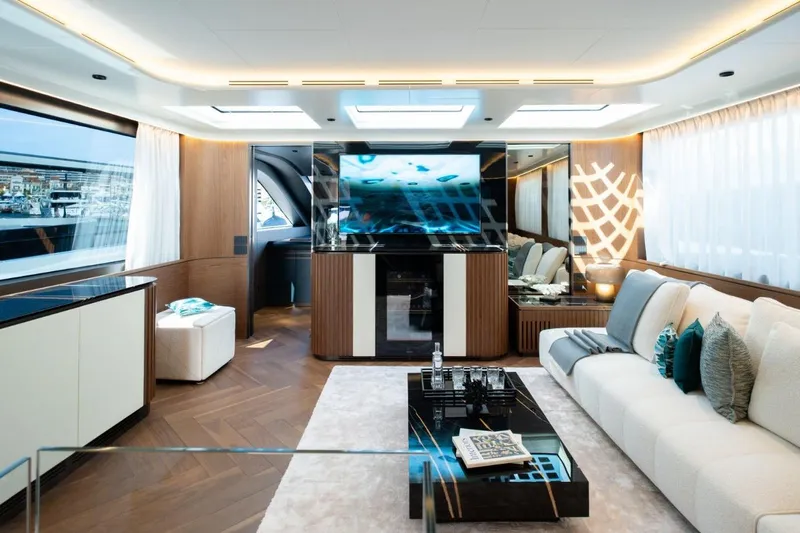  Yacht Photos Pics Luxurious interior of 2025 Extra X90 Fast yacht with modern design and elegant furnishings.