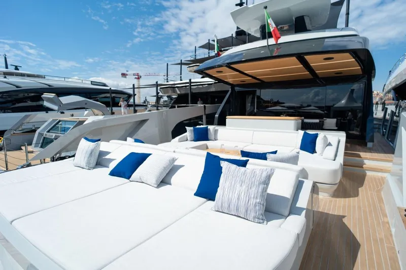  Yacht Photos Pics Luxurious 2025 Extra X90 Fast yacht with spacious deck and elegant seating.