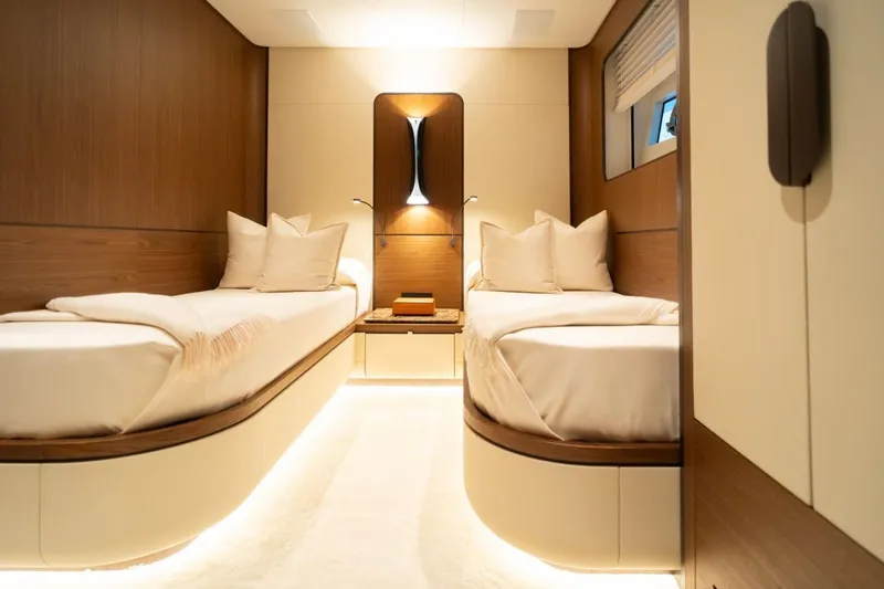  Yacht Photos Pics Luxurious 2025 Extra X90 Fast yacht cabin with twin beds and modern design.