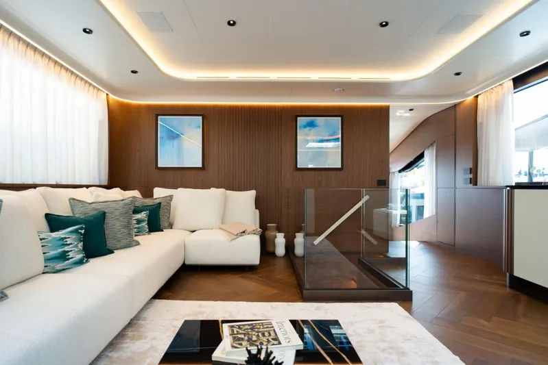  Yacht Photos Pics Luxurious interior of 2025 Extra X90 Fast yacht with modern decor and elegant furnishings.