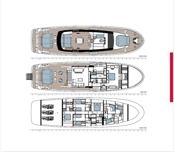  Yacht Photos Pics Deck plans of the 2025 Extra X90 Fast yacht, showcasing three levels.