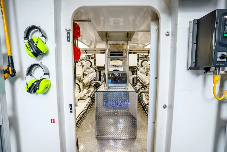 Lady Sadie Yacht Photos Pics Engine room of 2019 Van der Valk LeVen 90 yacht with safety gear and equipment.