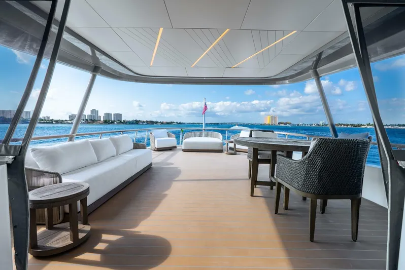 Lady Sadie Yacht Photos Pics Luxurious 2019 Van der Valk LeVen 90 yacht deck with elegant seating and ocean view.