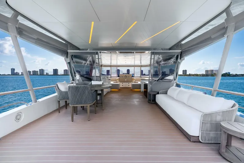 Lady Sadie Yacht Photos Pics Luxurious 2019 Van der Valk LeVen 90 yacht deck with modern seating and ocean view.