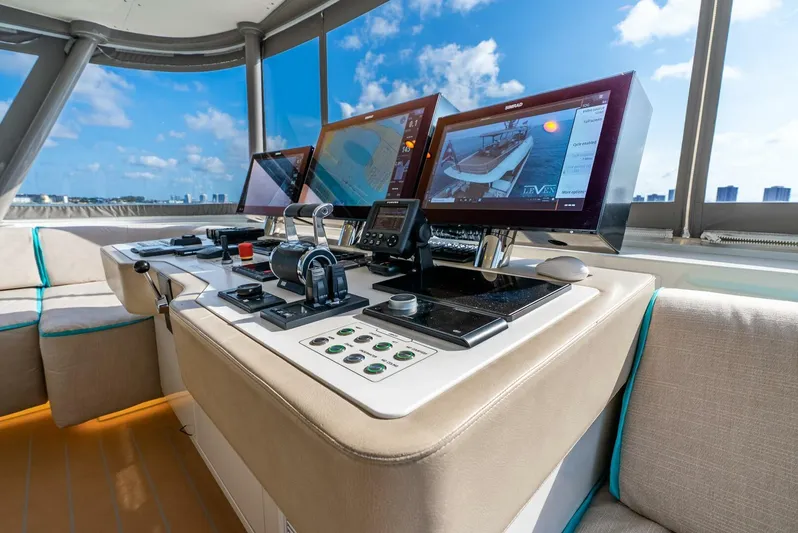 Lady Sadie Yacht Photos Pics Control panel of 2019 Van der Valk LeVen 90 yacht with navigation screens and controls.