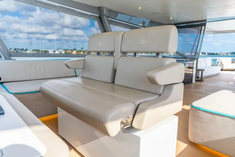 Lady Sadie Yacht Photos Pics Luxurious seating on 2019 Van der Valk LeVen 90 yacht, featuring modern design and comfort.