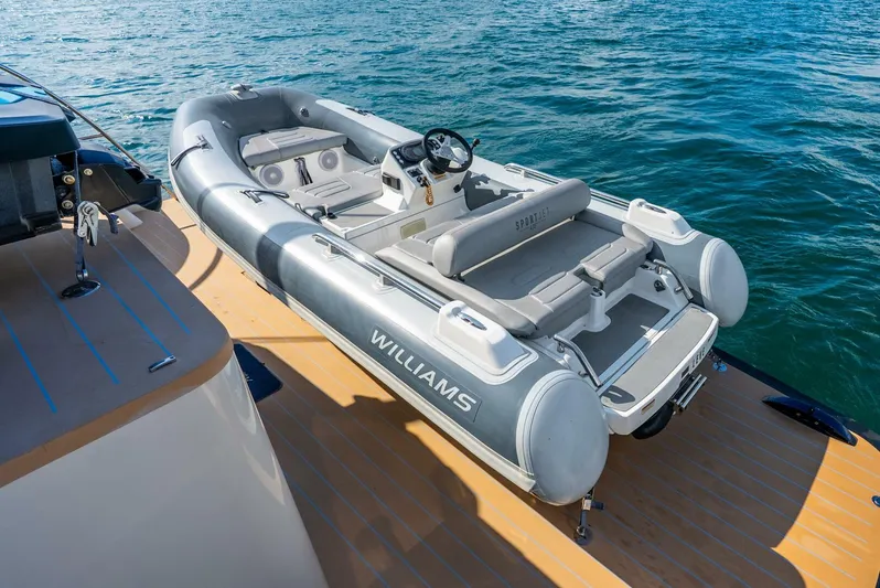 Lady Sadie Yacht Photos Pics Inflatable boat on Van der Valk LeVen 90 yacht, 2019, docked on calm blue water.