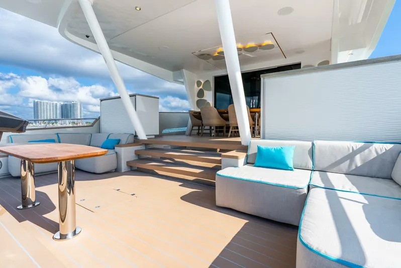 Lady Sadie Yacht Photos Pics Luxurious 2019 Van der Valk LeVen 90 yacht deck with modern seating and ocean view.