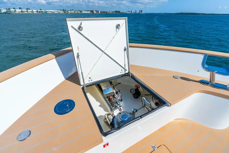 Lady Sadie Yacht Photos Pics Open hatch on 2019 Van der Valk LeVen 90 yacht deck, revealing mechanical components.