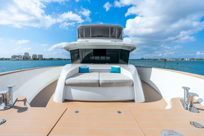 Lady Sadie Yacht Photos Pics Van der Valk LeVen 90 yacht, 2019 model, with spacious deck and seating, under blue sky.