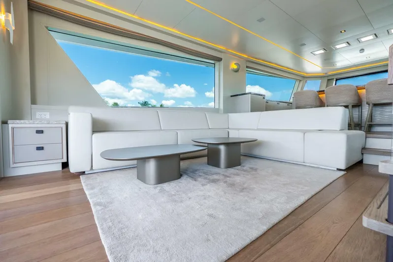 Lady Sadie Yacht Photos Pics Luxurious interior of 2019 Van der Valk LeVen 90 yacht with modern white sofa.