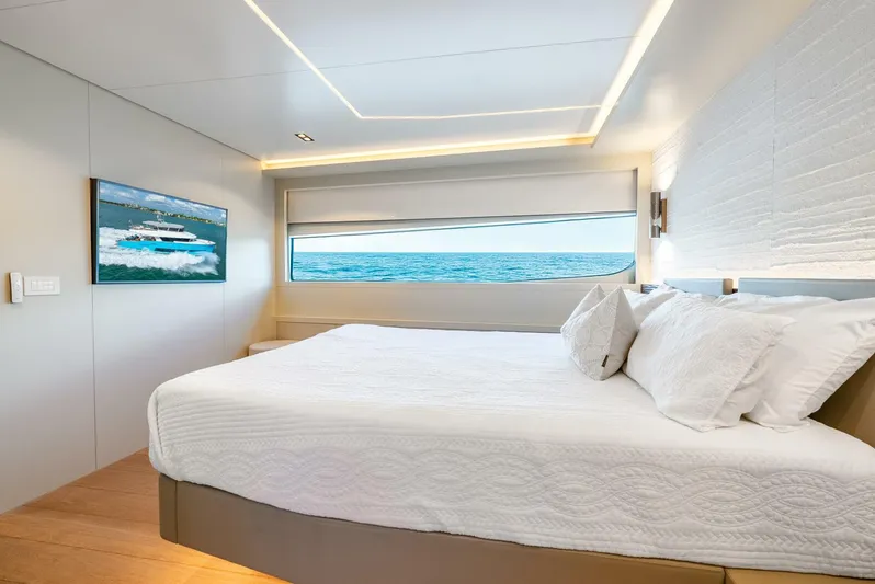 Lady Sadie Yacht Photos Pics Luxurious bedroom interior on 2019 Van der Valk LeVen 90 yacht with ocean view.