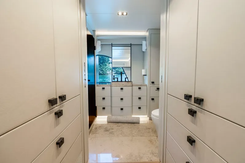 Lady Sadie Yacht Photos Pics Luxurious bathroom interior of 2019 Van der Valk LeVen 90 yacht, featuring modern cabinetry and elegant design.