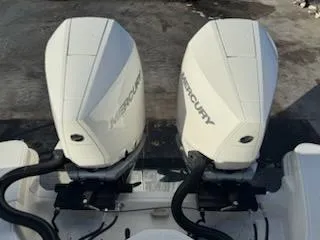  Yacht Photos Pics Twin Mercury outboard engines on 2023 Boston Whaler 325 Conquest boat.