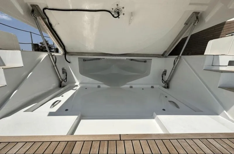 The Good Life Yacht Photos Pics Galeon 510 Sky 2024, open storage area on deck.