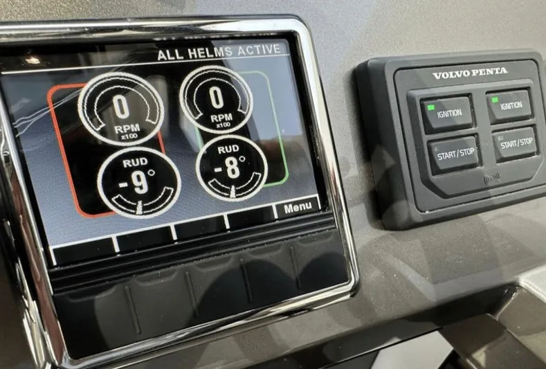 The Good Life Yacht Photos Pics Galeon 510 Sky 2024 dashboard with Volvo Penta display.